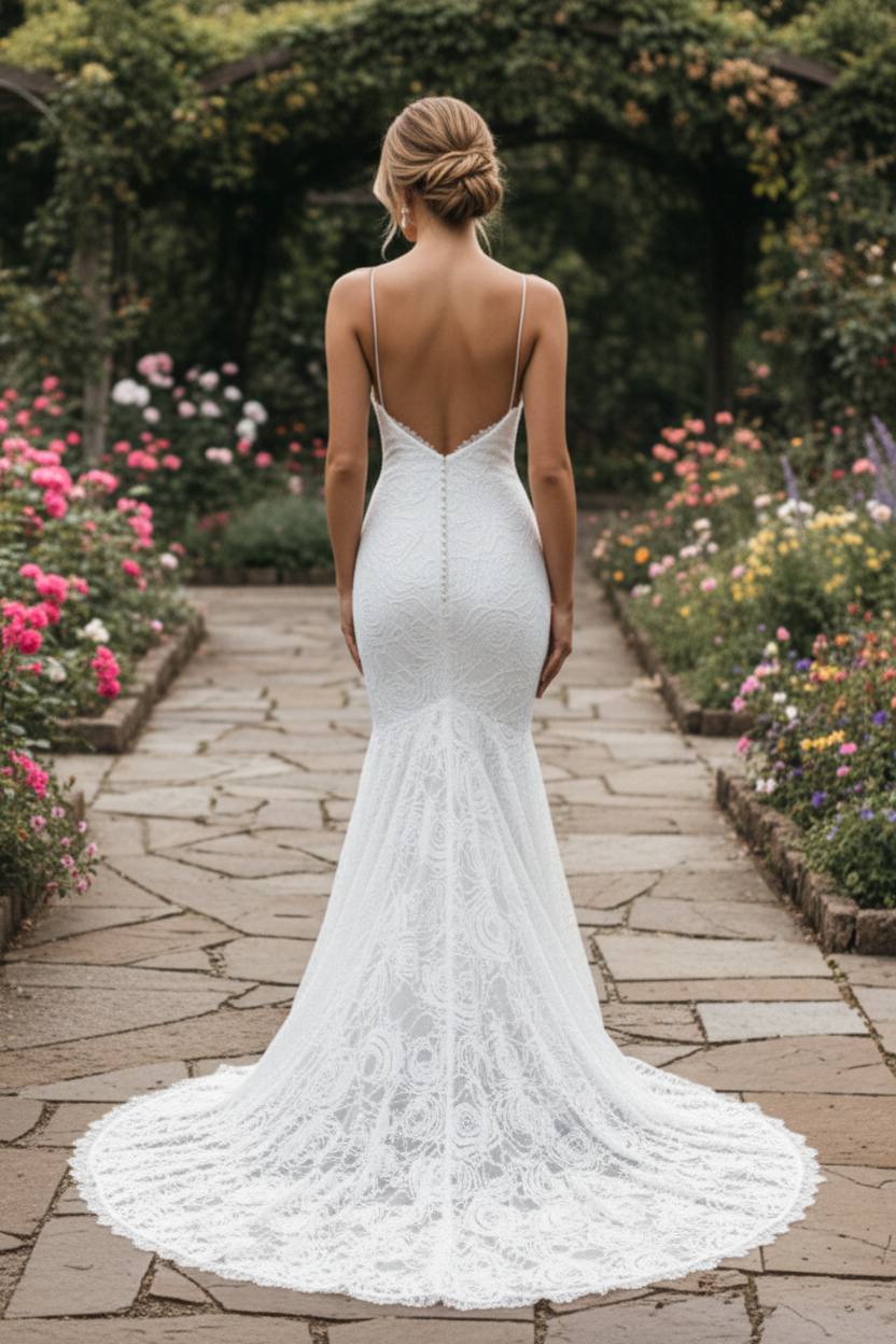 V-Neck Spaghetti  Straps Appliques Mermaid Wedding Dress