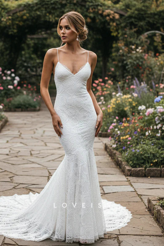 V-Neck Spaghetti  Straps Appliques Mermaid Wedding Dress