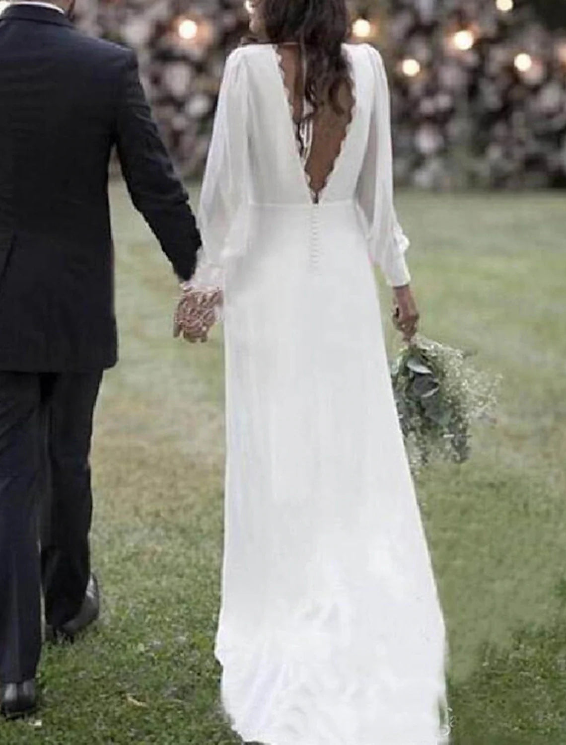 Hall Open Back Simple Wedding Dresses Sheath / Column V Neck Long Sleeve Sweep / Brush Train Chiffon Bridal Gowns With Solid Color