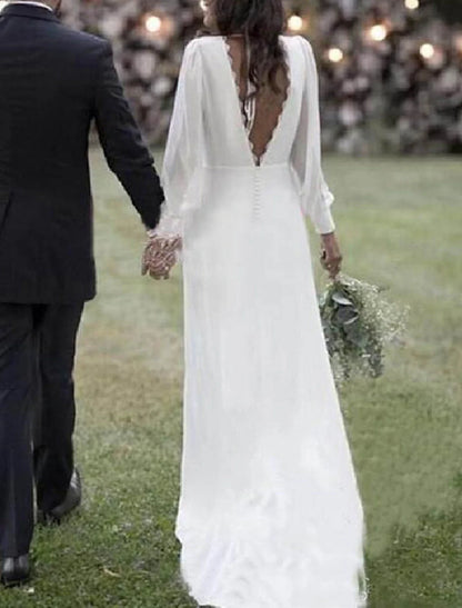 Hall Open Back Simple Wedding Dresses Sheath / Column V Neck Long Sleeve Sweep / Brush Train Chiffon Bridal Gowns With Solid Color