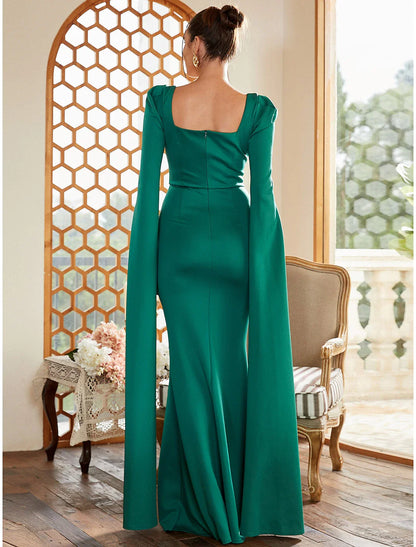 Mermaid / Trumpet Evening Gown Elegant Dress Formal Wedding Guest Sweep / Brush Train Long Sleeve V Neck Belt / Sash Stretch Fabric with Buttons Slit