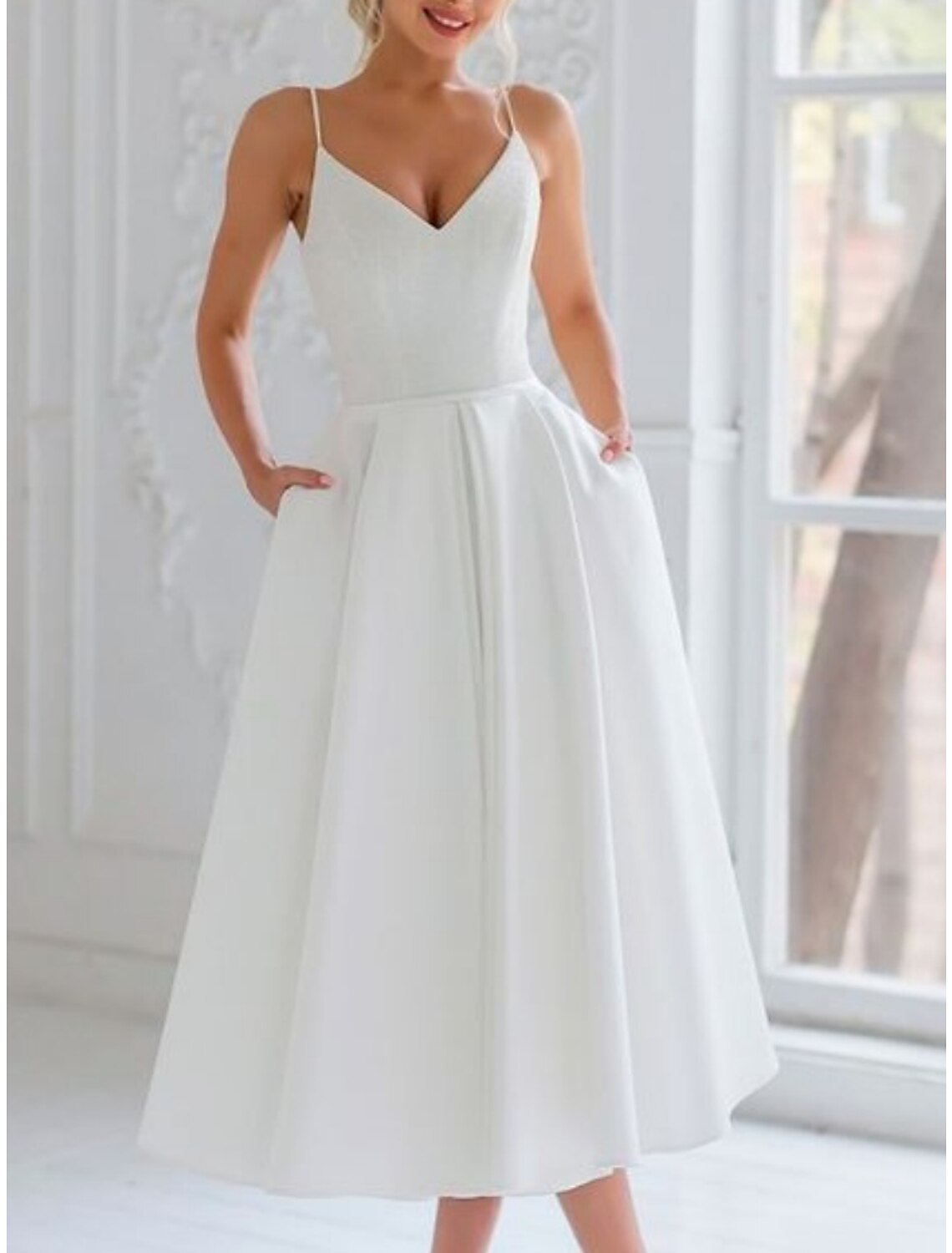 Simple Wedding Dresses Wedding Dresses Two Piece Off Shoulder Short Sleeve Sweep / Brush Train Satin Bridal Suits Bridal Gowns With Ruched
