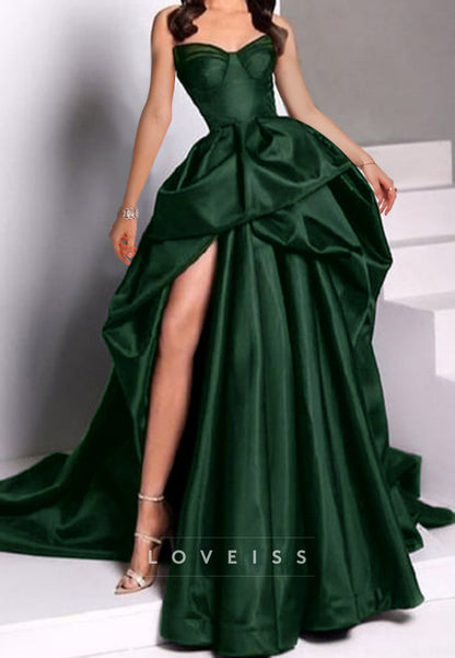 V-Neck Appliques Sleeves Sleek High Slit Ball Gown Prom Dress