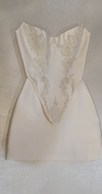 Bridal Cream Pearl Satin Corset Mini Low V Back Skirt Hand Beaded Lace Crystal Embroidered Sheer Long Sleeves Dress