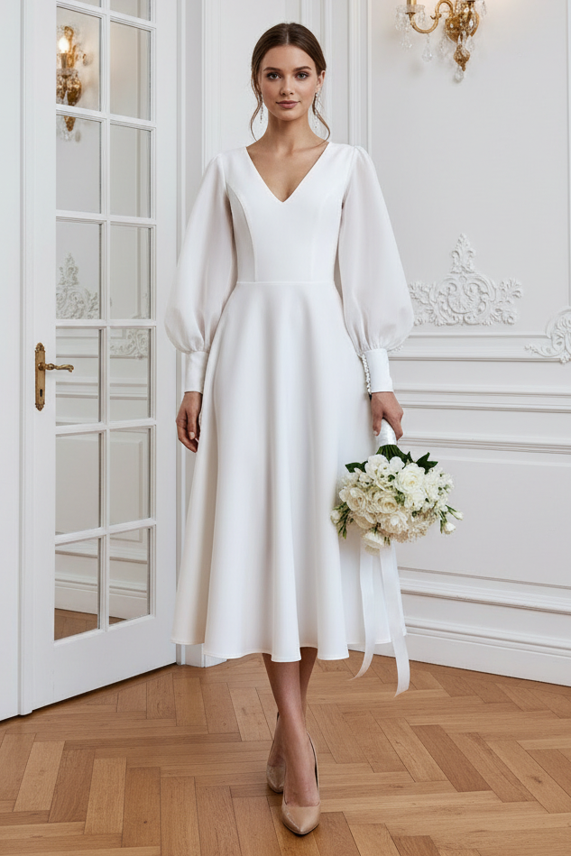 V-Neck Tea Length Wedding Dress with Sleeves