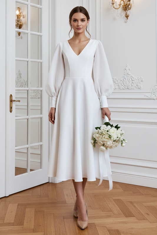 V-Neck Tea Length Wedding Dress with Sleeves
