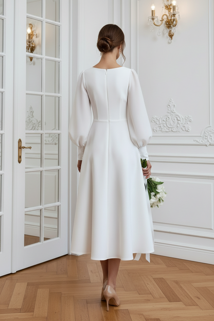 V-Neck Tea Length Wedding Dress with Sleeves