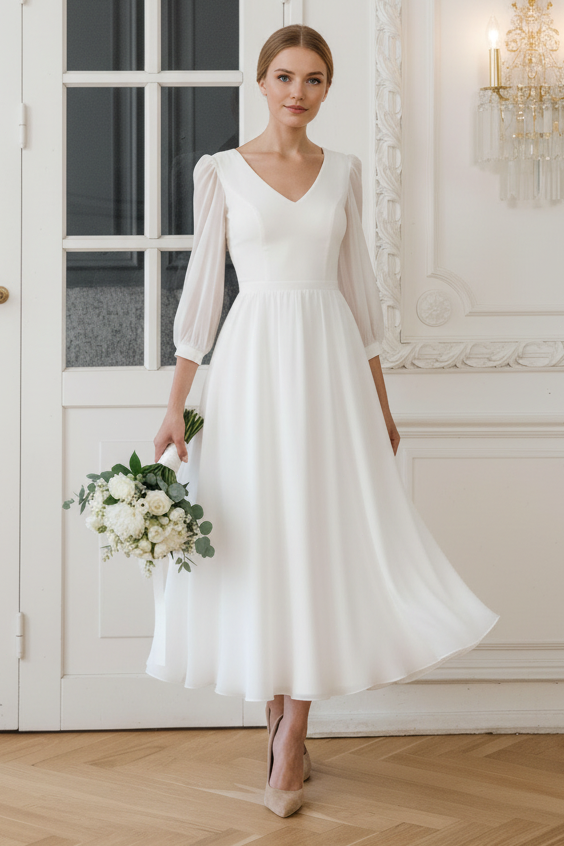 V-Neck Tea Length Wedding Dress with Sleeves