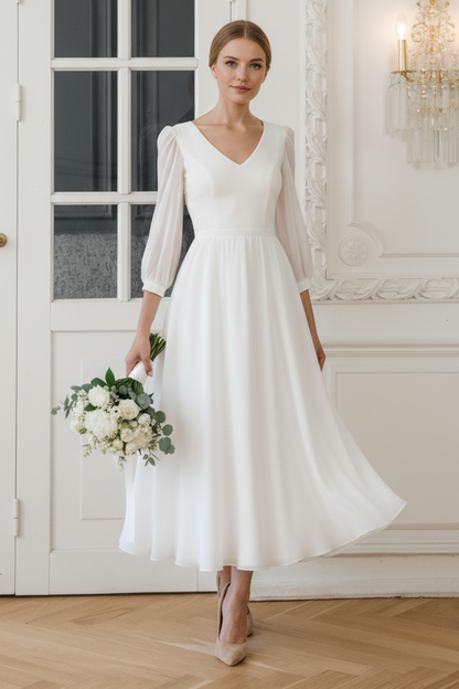 V-Neck Tea Length Wedding Dress with Sleeves