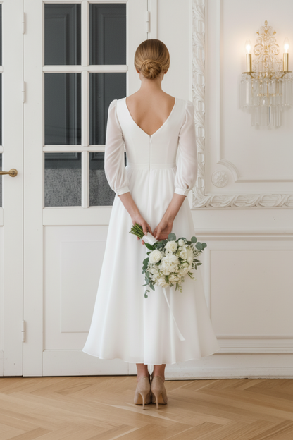 V-Neck Tea Length Wedding Dress with Sleeves