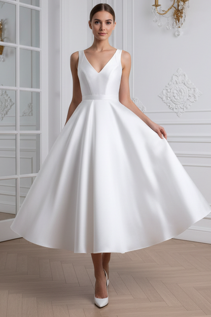 Mikado Satin V-Neck Tea Length Pockets