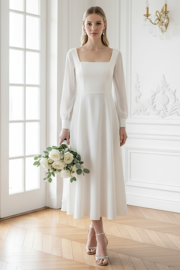 Midi Wedding Dress Chiffon Sleeves A-Line Bridal Gown