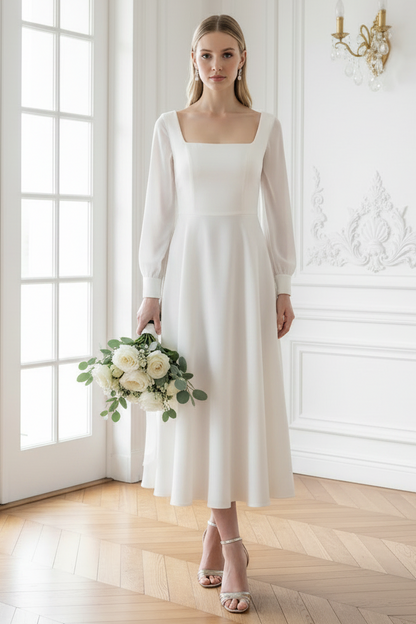 Midi Wedding Dress Chiffon Sleeves A-Line Bridal Gown
