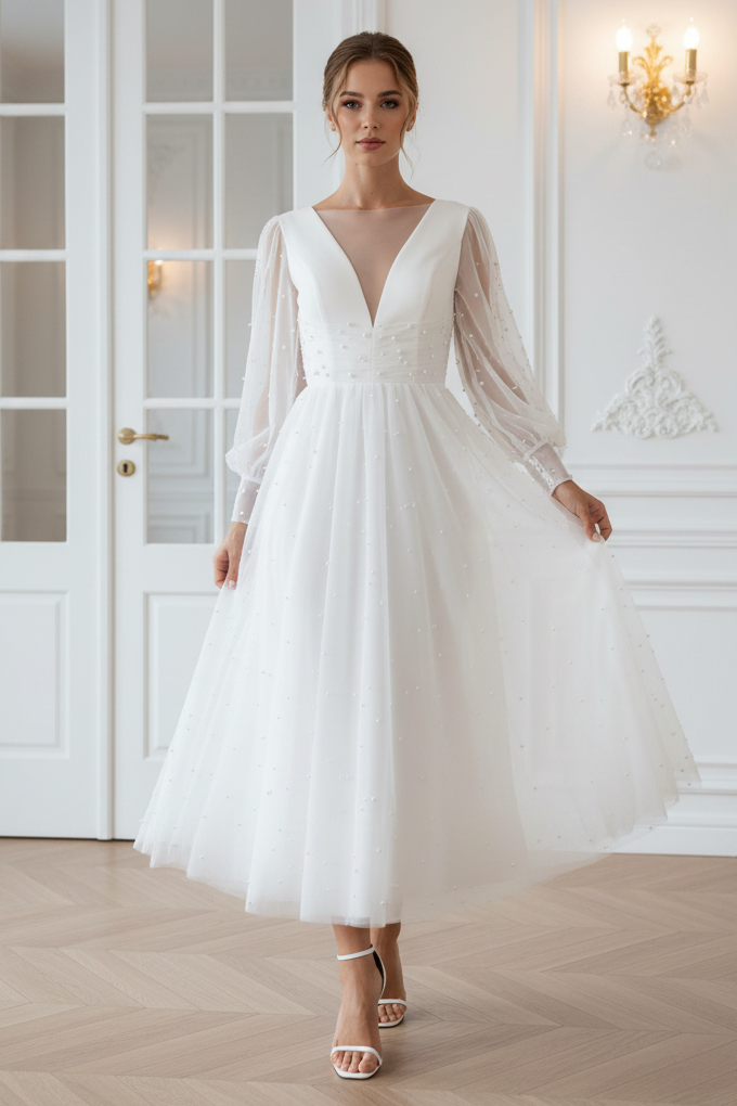 Simple Tea Length Wedding DressLong Sleeve Bridal Gown