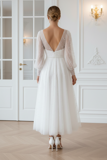 Simple Tea Length Wedding DressLong Sleeve Bridal Gown