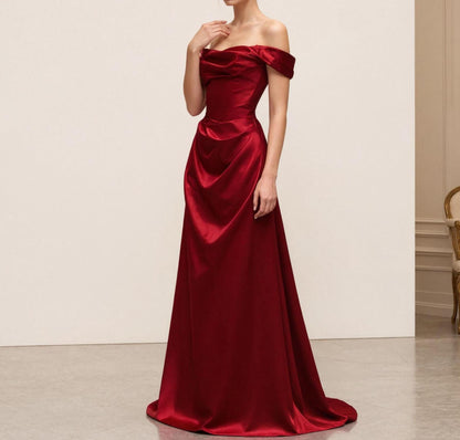 Luxurious Red Satin Prom Dress Off Shoulder Burgundy Ball Gow