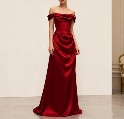 Luxurious Red Satin Prom Dress Off Shoulder Burgundy Ball Gow