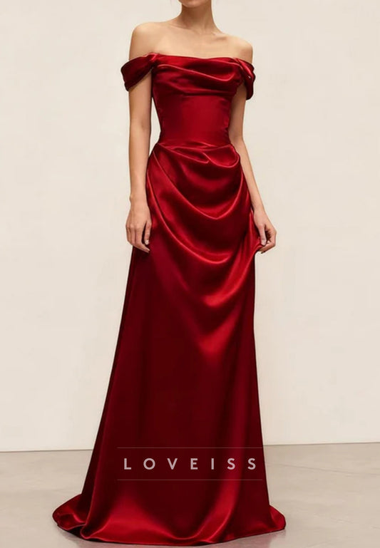 Luxurious Red Satin Prom Dress Off Shoulder Burgundy Ball Gow
