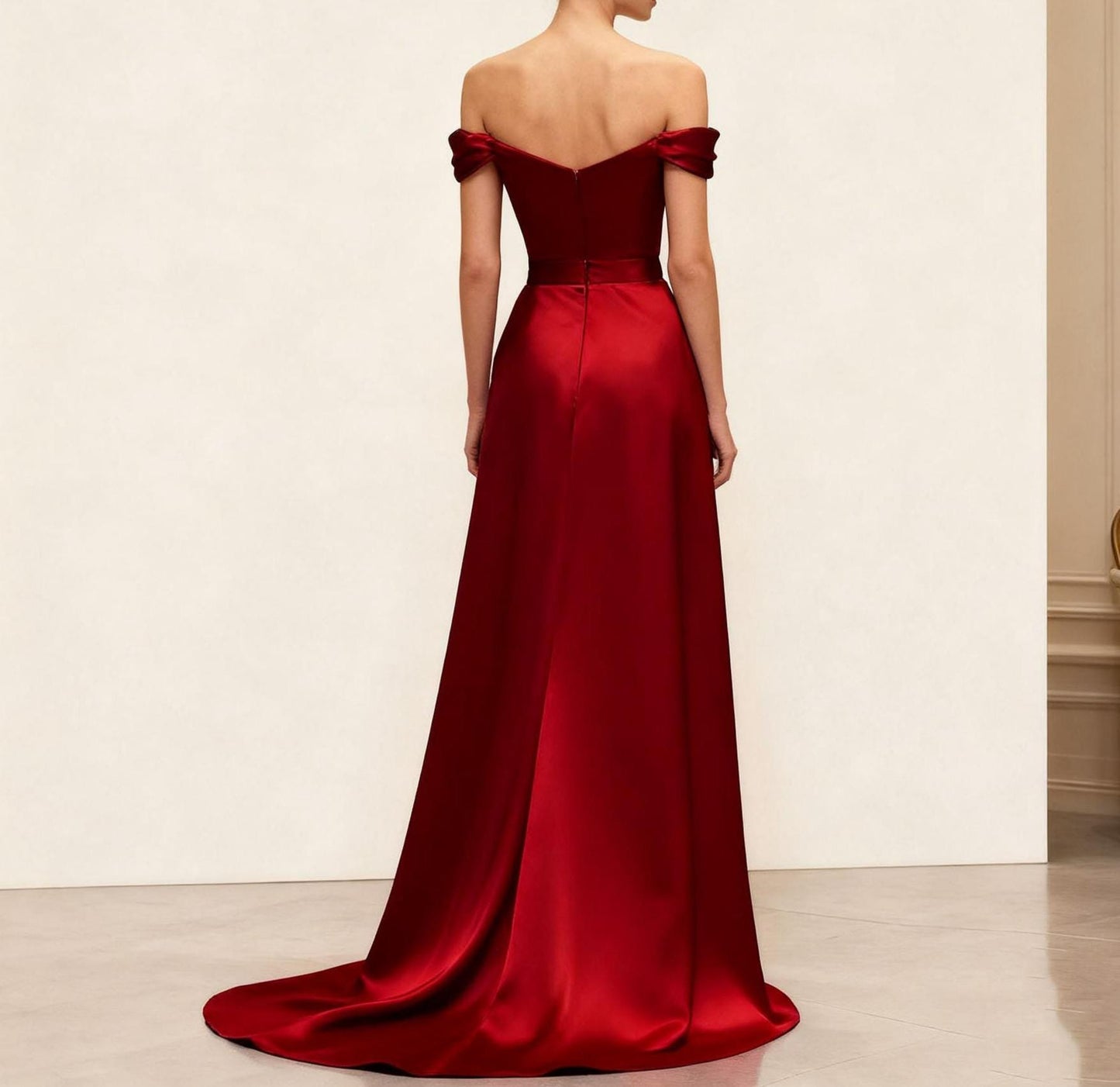 Luxurious Red Satin Prom Dress Off Shoulder Burgundy Ball Gow