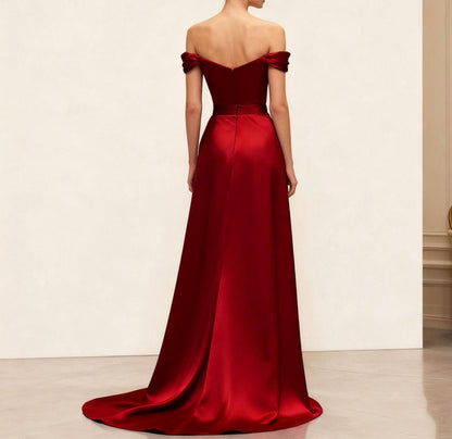 Luxurious Red Satin Prom Dress Off Shoulder Burgundy Ball Gow