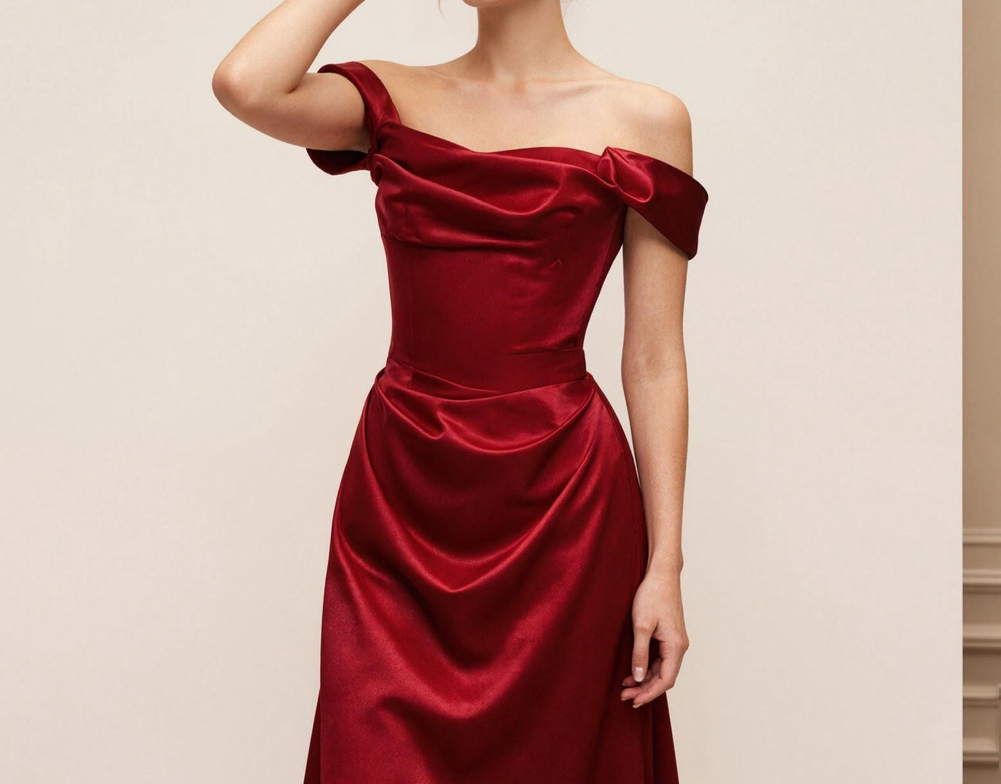 Luxurious Red Satin Prom Dress Off Shoulder Burgundy Ball Gow