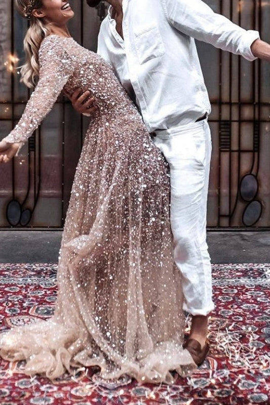Illusion Beads Sequin Wedding Gown Long Sleeves