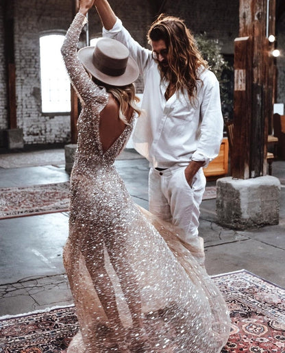 Illusion Beads Sequin Wedding Gown Long Sleeves