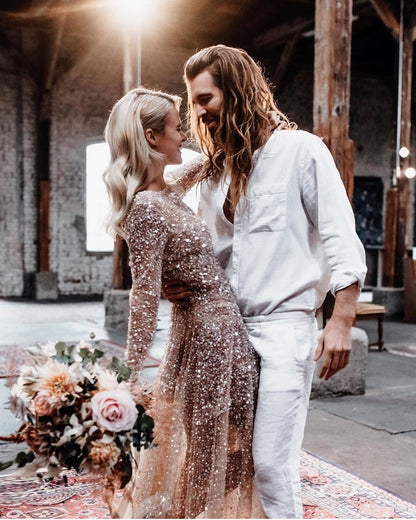 Illusion Beads Sequin Wedding Gown Long Sleeves