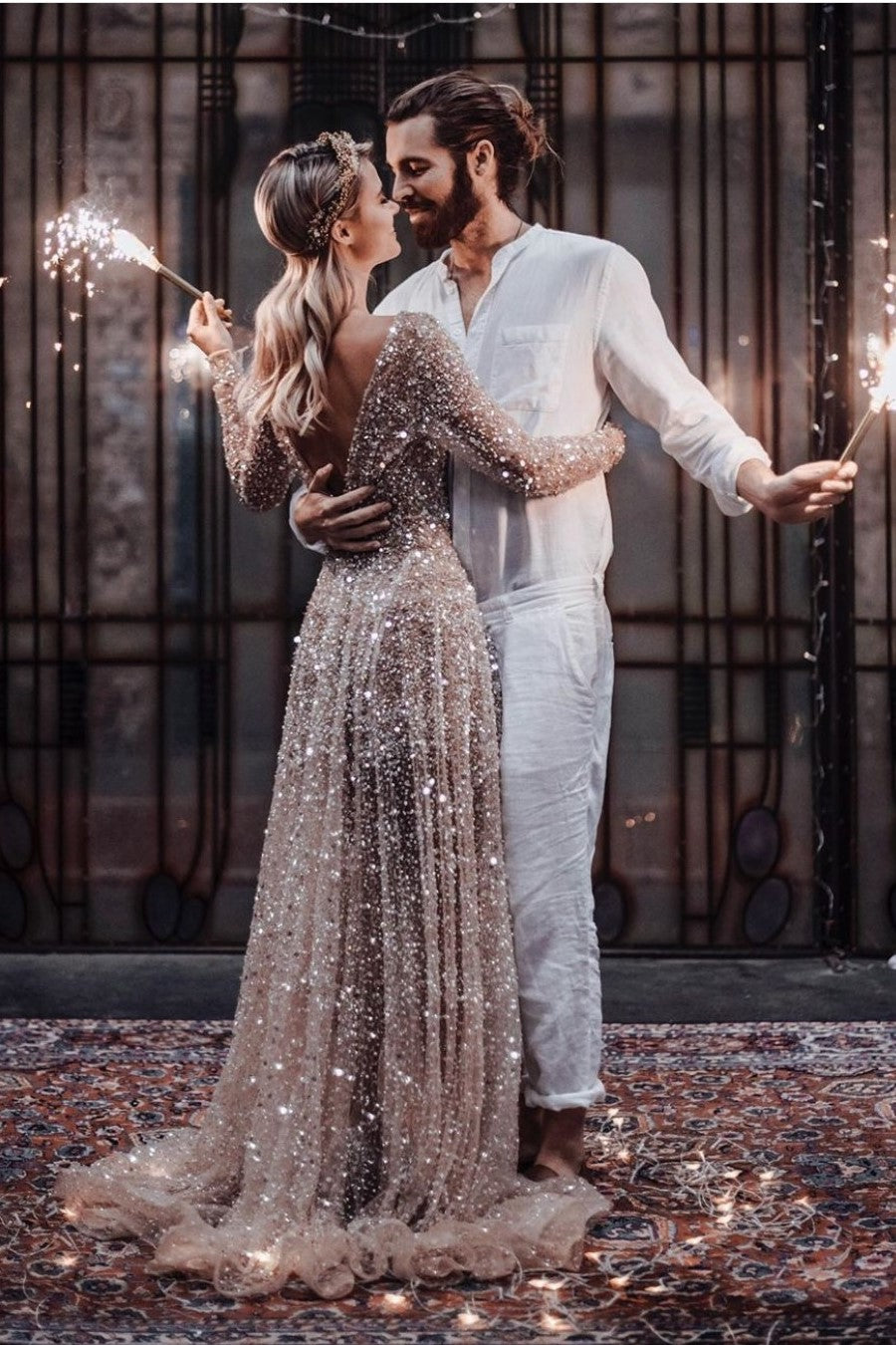 Illusion Beads Sequin Wedding Gown Long Sleeves