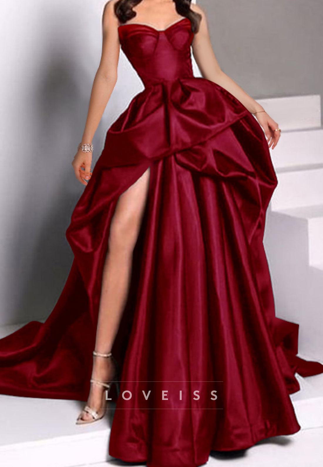 V-Neck Appliques Sleeves Sleek High Slit Ball Gown Prom Dress