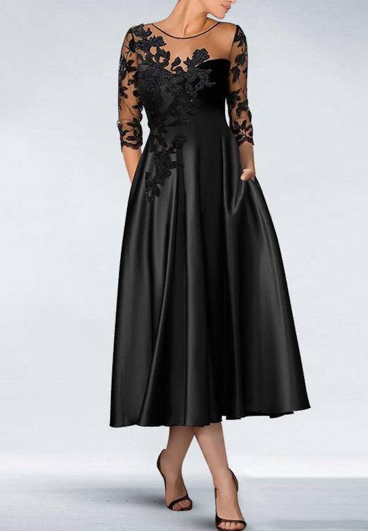 A-Line Round Quarter Sleeves Lace Appliques Sleek Satin Mother of the Bride Dress