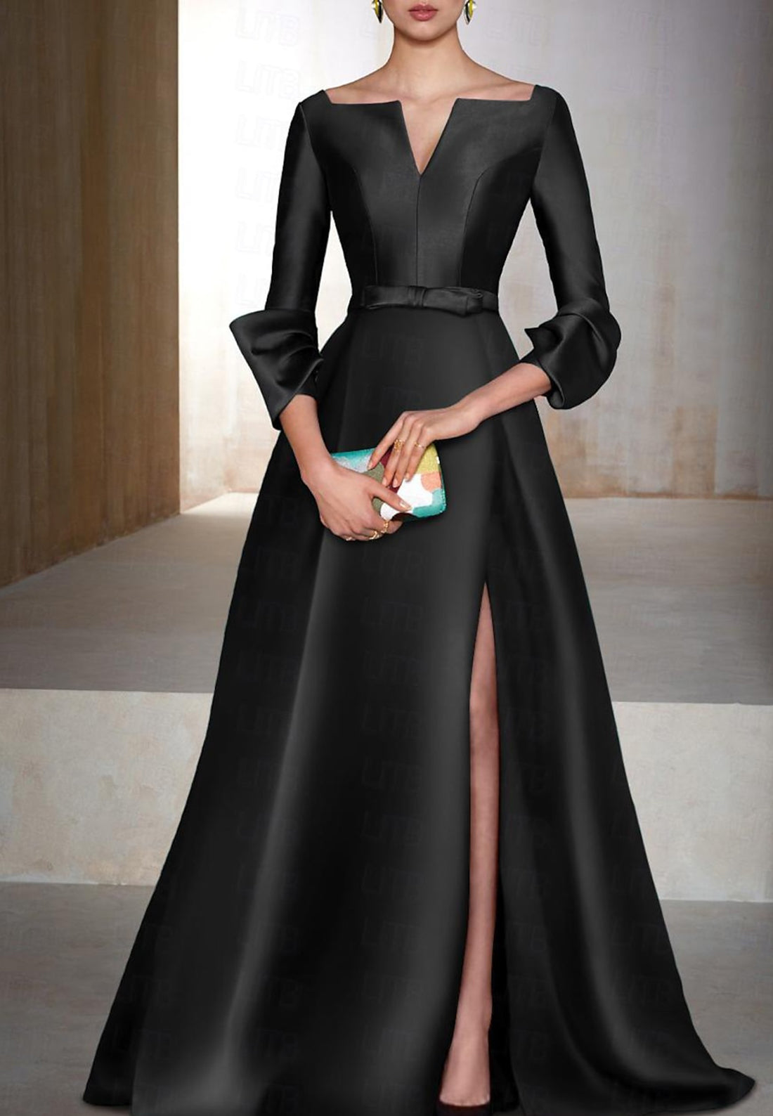 A Line V Neck 3/4 Sleeves Satin Mother of the Bride Dress Long Formal Dress for Wedding