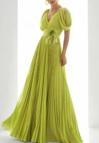 A-Line Evening Gown Wedding Formal Floor Length Short Sleeve V Neck Chiffon