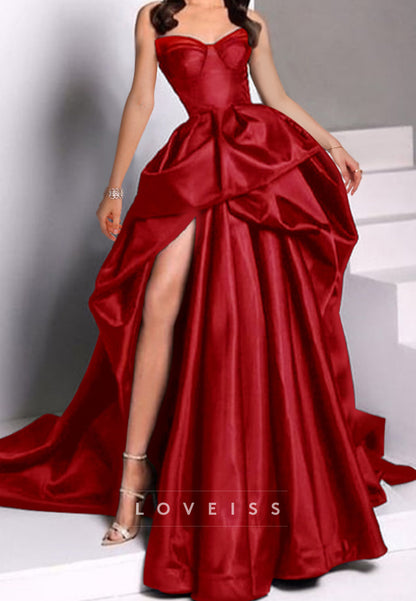 V-Neck Appliques Sleeves Sleek High Slit Ball Gown Prom Dress