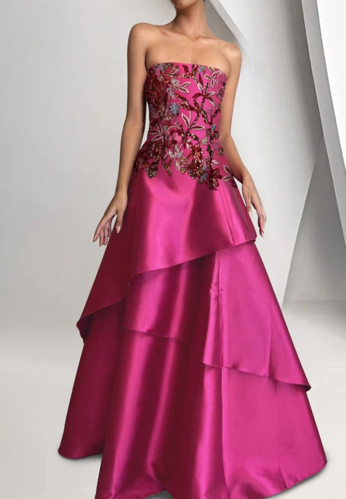 Beaded Gown Dropped Waist A-Line Evening Gown Asymmetrical Tiered Dress