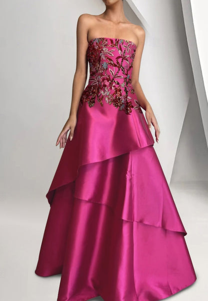 Beaded Gown Dropped Waist A-Line Evening Gown Asymmetrical Tiered Dress