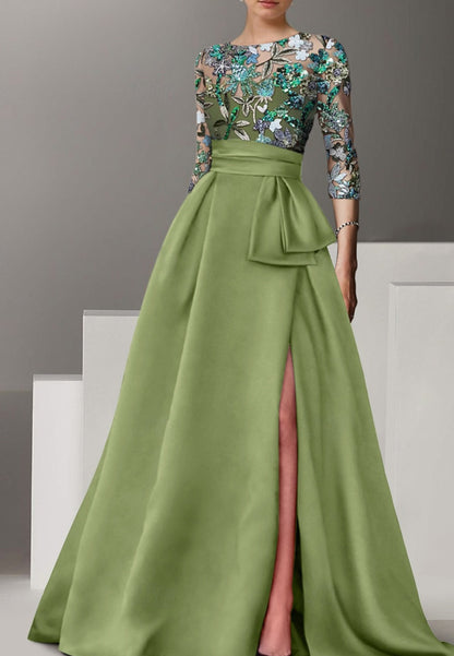 Green Floral Embroidered A-Line Evening Gown Elegant Dress Half Sleeve with Bow