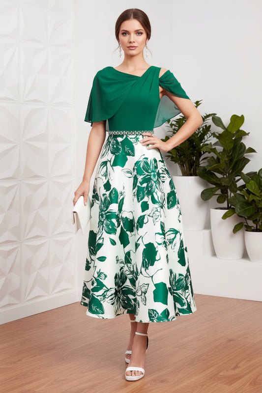 Asymmetrical Floral Printed A-Line Mother of Bride Dress