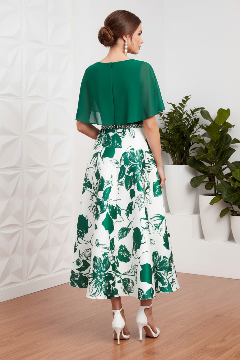 Asymmetrical Floral Printed A-Line Mother of Bride Dress