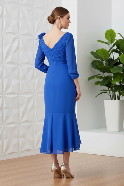 Asymmetrical Long Sleeves Ruffles Sheath Mother of Bride Dress