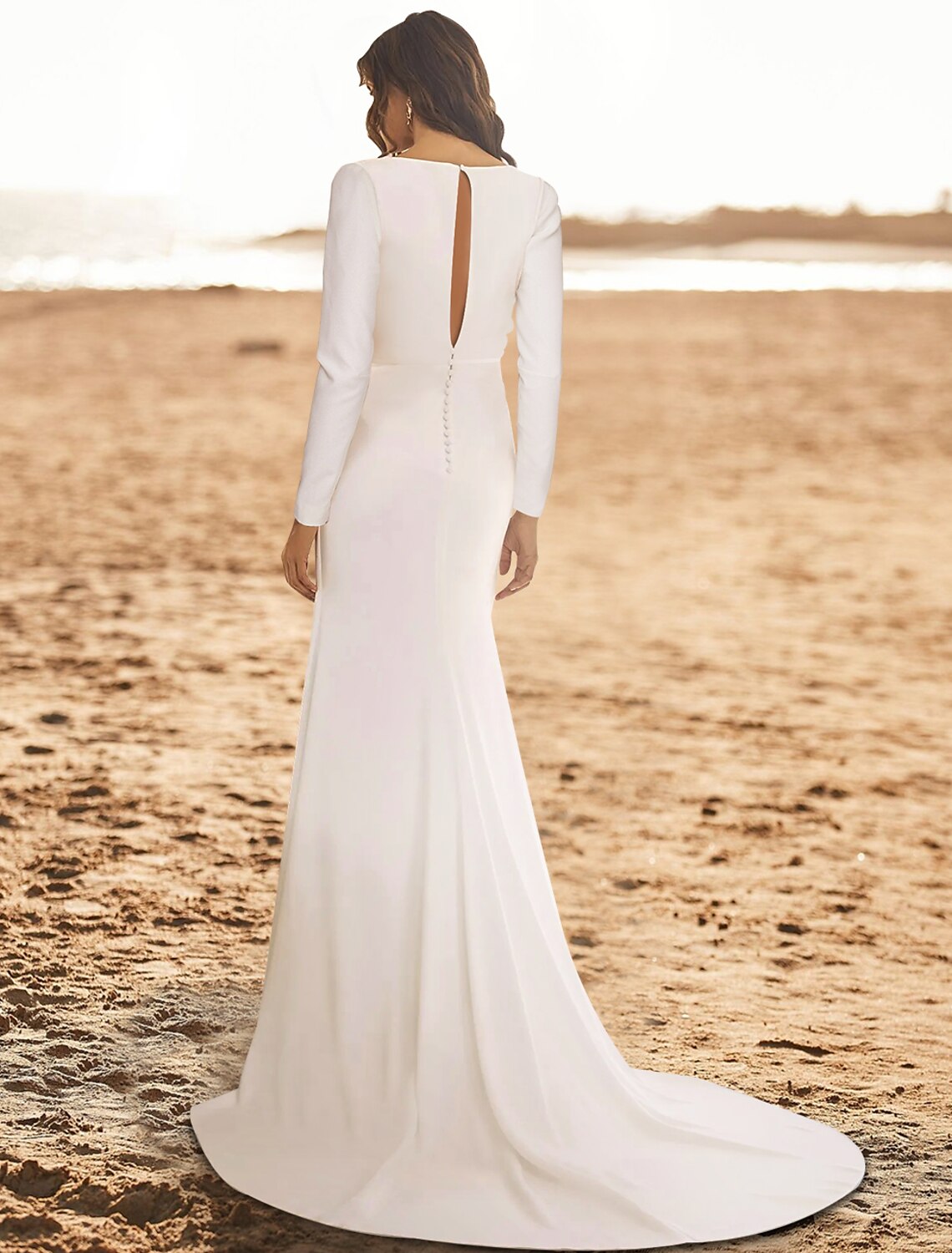 Hall Simple Wedding Dresses Sheath / Column V Neck Long Sleeve Court Train Stretch Fabric Bridal Gowns With Ruched Split Front