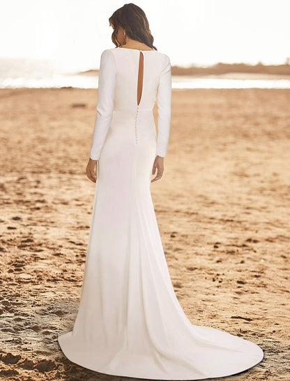 Hall Simple Wedding Dresses Sheath / Column V Neck Long Sleeve Court Train Stretch Fabric Bridal Gowns With Ruched Split Front