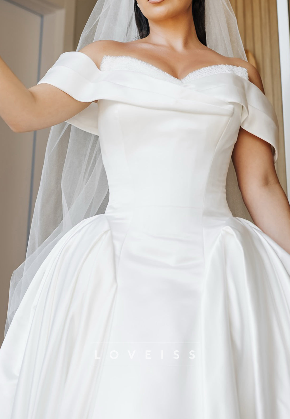 Off-Shoulder  Beaded Satin A-Line Wedding Dress