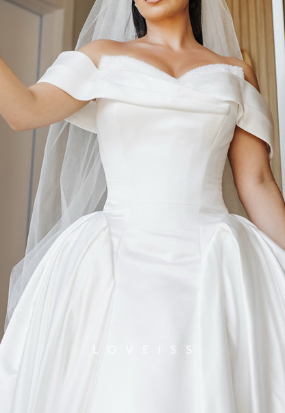 Off-Shoulder  Beaded Satin A-Line Wedding Dress