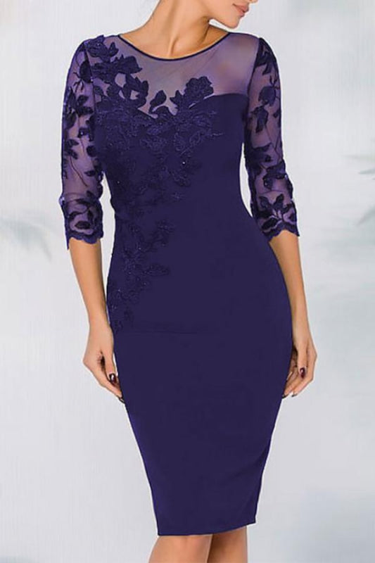 Jewel Neck Column Floral Lace Mother of the bride Dresses Half Sleeves