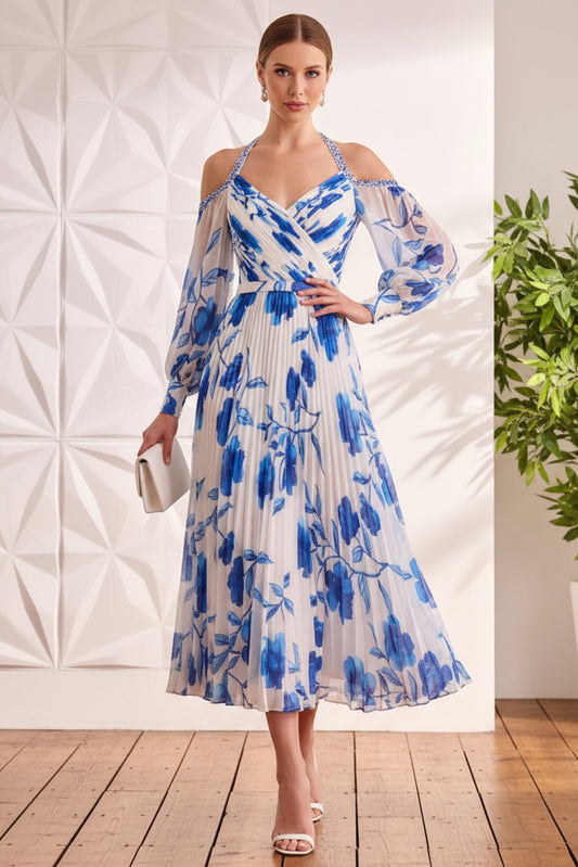 V-Neck Straps  Pleated Printed A-Line Wedding Guest Dress