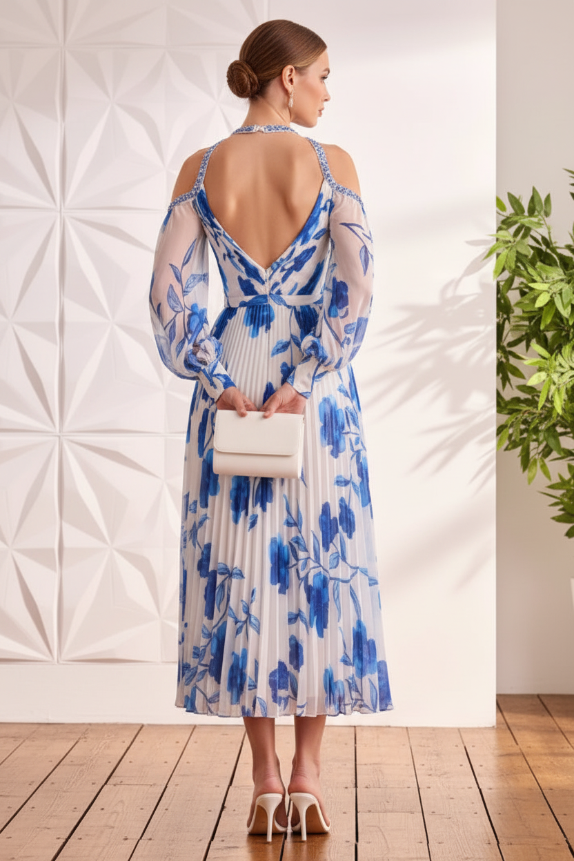 V-Neck Straps  Pleated Printed A-Line Wedding Guest Dress