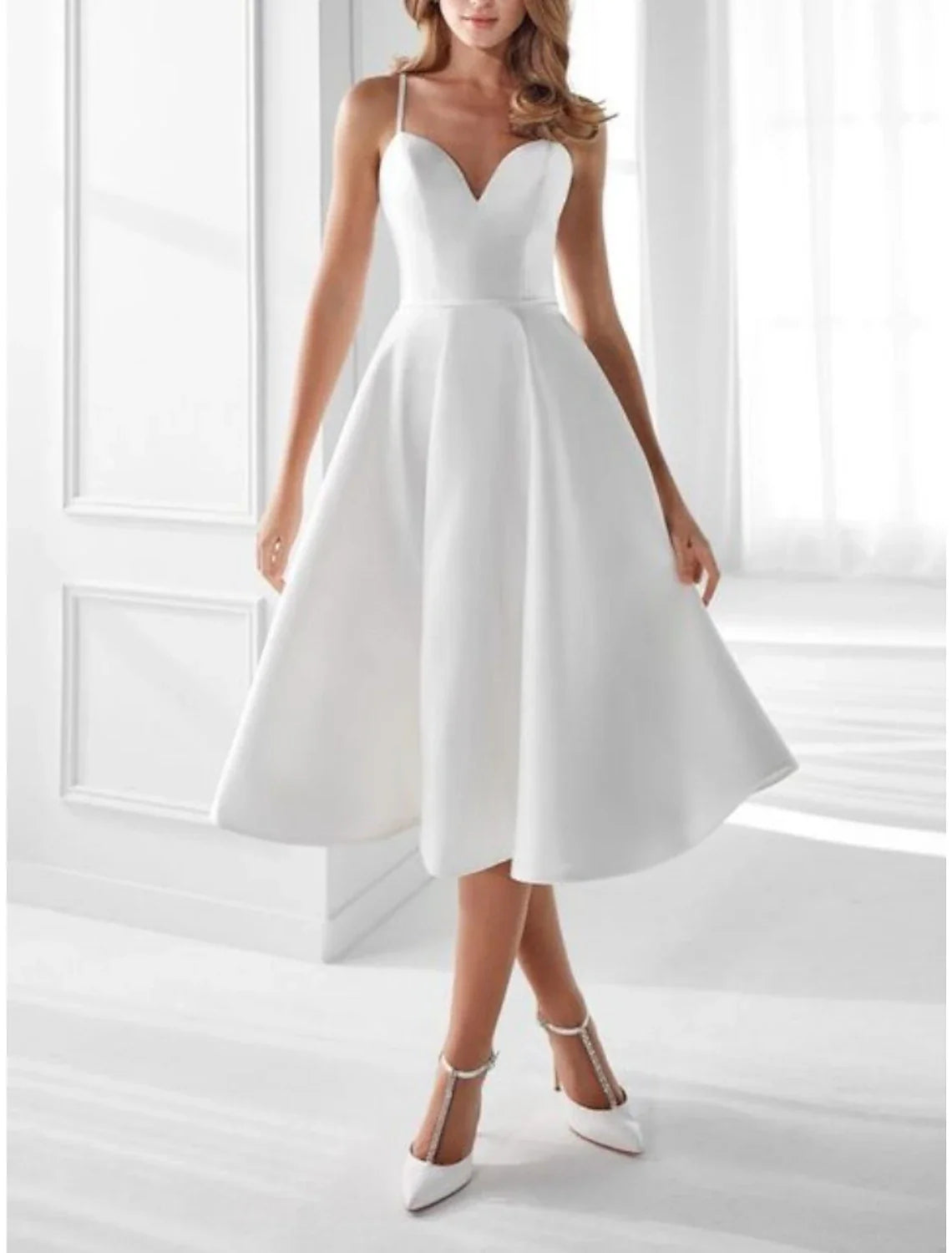 Hall Little White Dresses Wedding Dresses A-Line Camisole Sleeveless Tea Length Satin Bridal Gowns With Pleats Solid Color