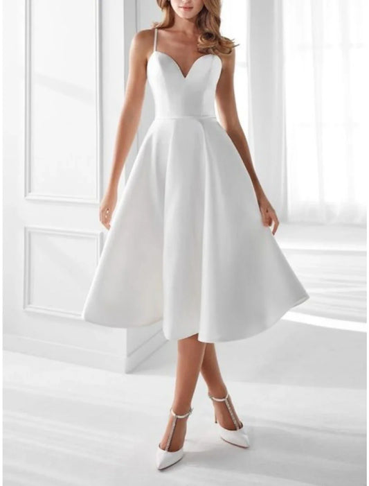 Hall Little White Dresses Wedding Dresses A-Line Camisole Sleeveless Tea Length Satin Bridal Gowns With Pleats Solid Color