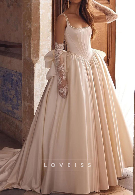 Scoop Straps Bowknot Pleated Satin A-Line Wedding Dress